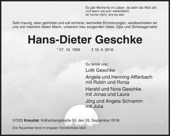 Traueranzeige von Hans-Dieter Geschke von Siegener Zeitung