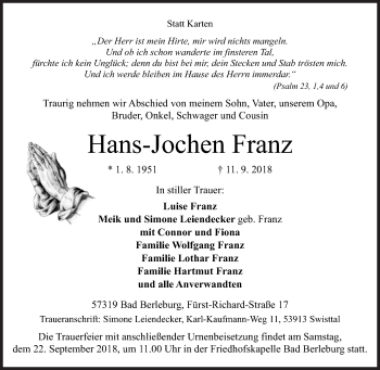 Traueranzeige von Hans-Jochen Franz von Siegener Zeitung