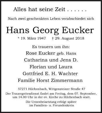 Traueranzeige von Hans Georg Eucker von Siegener Zeitung