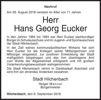 Traueranzeige von Hans Georg Eucker von Siegener Zeitung