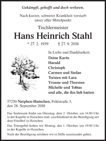 Traueranzeige von Hans Heinrich Stahl von Siegener Zeitung