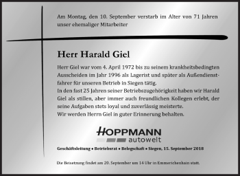 Traueranzeige von Harald Giel von Siegener Zeitung