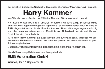 Traueranzeige von Harry Kammer von Siegener Zeitung