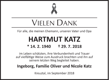 Traueranzeige von Hartmut Katz von Siegener Zeitung