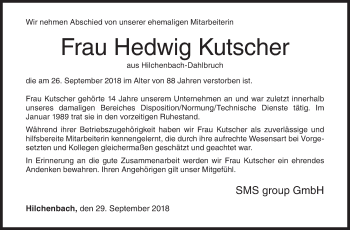 Traueranzeige von Hedwig Kutscher von Siegener Zeitung