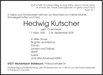 Traueranzeige von Hedwig Kutscher von Siegener Zeitung
