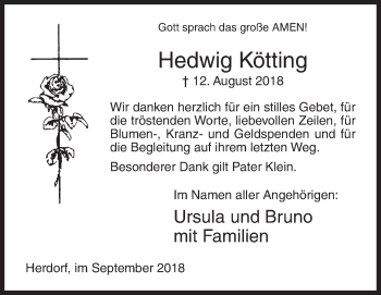 Traueranzeige von Hedwig Kötting von Siegener Zeitung