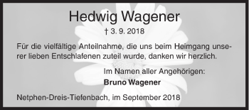 Traueranzeige von Hedwig Wagener von Siegener Zeitung