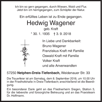 Traueranzeige von Hedwig Wagener von Siegener Zeitung