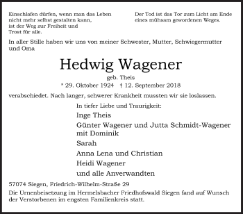 Traueranzeige von Hedwig Wagener von Siegener Zeitung