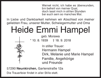 Traueranzeige von Heide Emmi Hampel von Siegener Zeitung