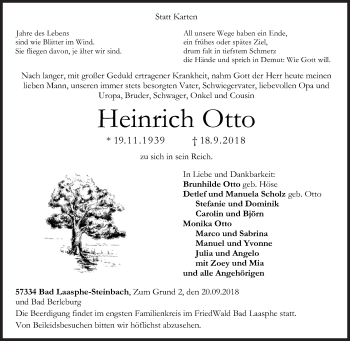 Traueranzeige von Heinrich Otto von Siegener Zeitung