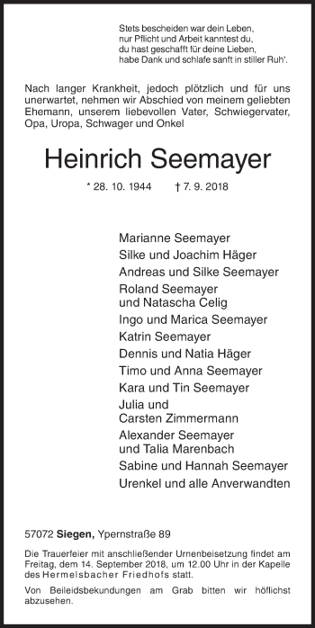 Traueranzeige von Heinrich Seemayer von Siegener Zeitung