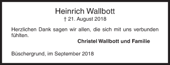 Traueranzeige von Heinrich Wallbott von Siegener Zeitung