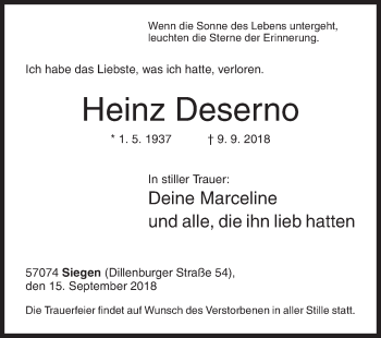 Traueranzeige von Heinz Deserno von Siegener Zeitung
