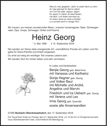 Traueranzeige von Heinz Georg von Siegener Zeitung