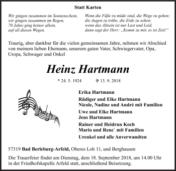 Traueranzeige von Heinz Hartmann von Siegener Zeitung