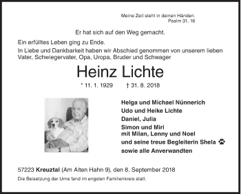 Traueranzeige von Heinz Lichte von Siegener Zeitung