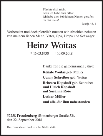Traueranzeige von Heinz Woitas von Siegener Zeitung