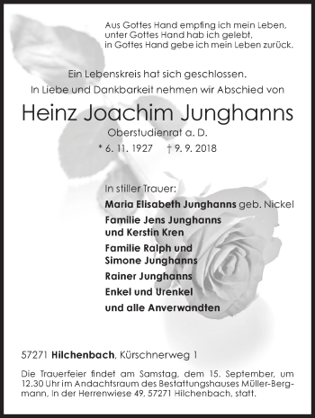 Traueranzeige von Heinz Joachim Junghanns von Siegener Zeitung