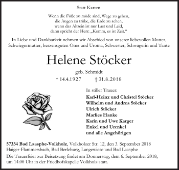 Traueranzeige von Helene Stöcker von Siegener Zeitung