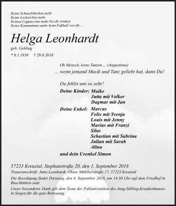 Traueranzeige von Helga Leonhardt von Siegener Zeitung