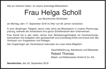 Traueranzeige von Helga Scholl von Siegener Zeitung