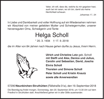 Traueranzeige von Helga Scholl von Siegener Zeitung