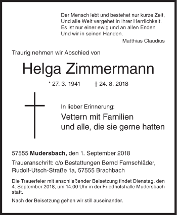 Traueranzeige von Helga Zimmermann von Siegener Zeitung