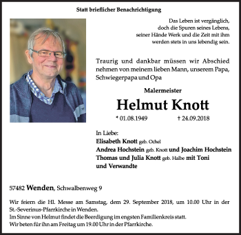 Traueranzeige von Helmut Knott von Siegener Zeitung