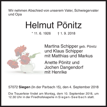 Traueranzeige von Helmut Pönitz von Siegener Zeitung
