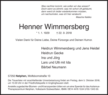 Traueranzeige von Henner Wimmersberg von Siegener Zeitung