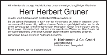 Traueranzeige von Herbert Gruner von Siegener Zeitung