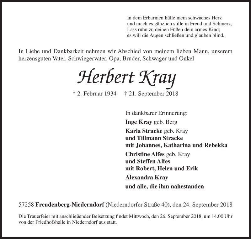  Traueranzeige für Herbert Kray vom 24.09.2018 aus Siegener Zeitung