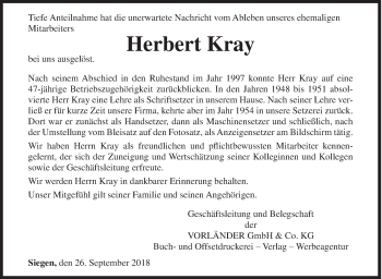 Traueranzeige von Herbert Kray von Siegener Zeitung