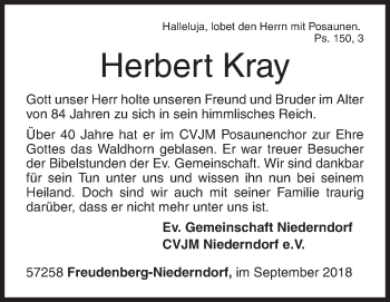 Traueranzeige von Herbert Kray von Siegener Zeitung