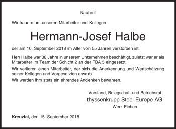 Traueranzeige von Hermann-Josef Halbe von Siegener Zeitung