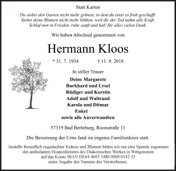 Traueranzeige von Hermann Kloos von Siegener Zeitung