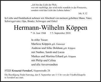 Traueranzeige von Hermann-Wilhelm Köppen von Siegener Zeitung