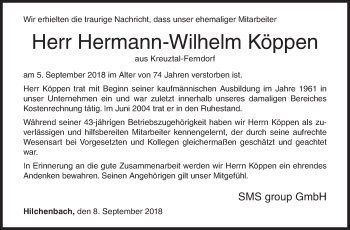 Traueranzeige von Hermann-Wilhelm Köppen von Siegener Zeitung