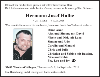 Traueranzeige von Hermann Josef Halbe von Siegener Zeitung
