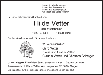 Traueranzeige von Hilde Vetter von Siegener Zeitung