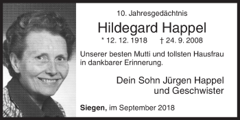 Traueranzeige von Hildegard Happel von Siegener Zeitung