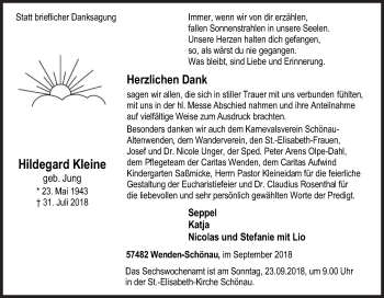 Traueranzeige von Hildegard Kleine von Siegener Zeitung