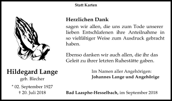 Traueranzeige von Hildegard Lange von Siegener Zeitung