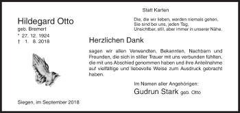 Traueranzeige von Hildegard Otto von Siegener Zeitung
