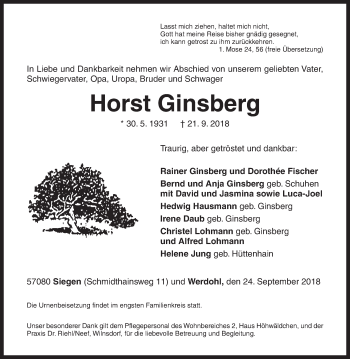 Traueranzeige von Horst Ginsberg von Siegener Zeitung
