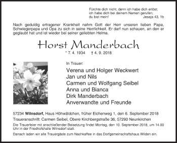 Traueranzeige von Horst Manderbach von Siegener Zeitung