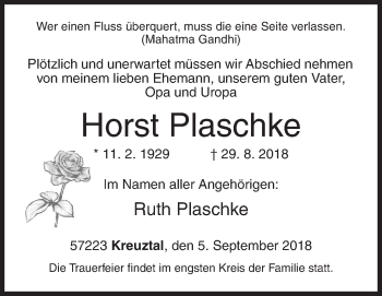 Traueranzeige von Horst Plaschke von Siegener Zeitung