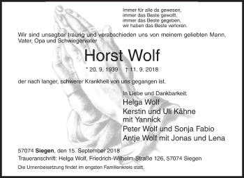 Traueranzeige von Horst Wolf von Siegener Zeitung